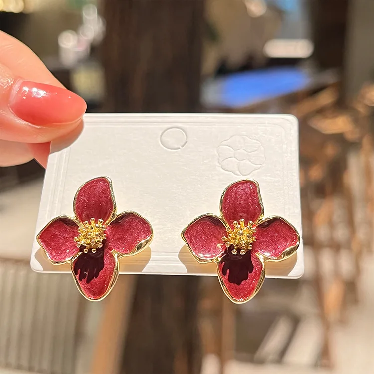 2025 Hibiscus Dropped Glaze Flower Stud Earrings for Women Girl French Ins Vintage Fashion Korean Wedding Romantic Jewelry - Image 9